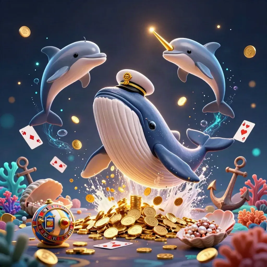 Cartoon whale captain, narwhal, and dolphins surge through gold coins in a glowing casino cove.