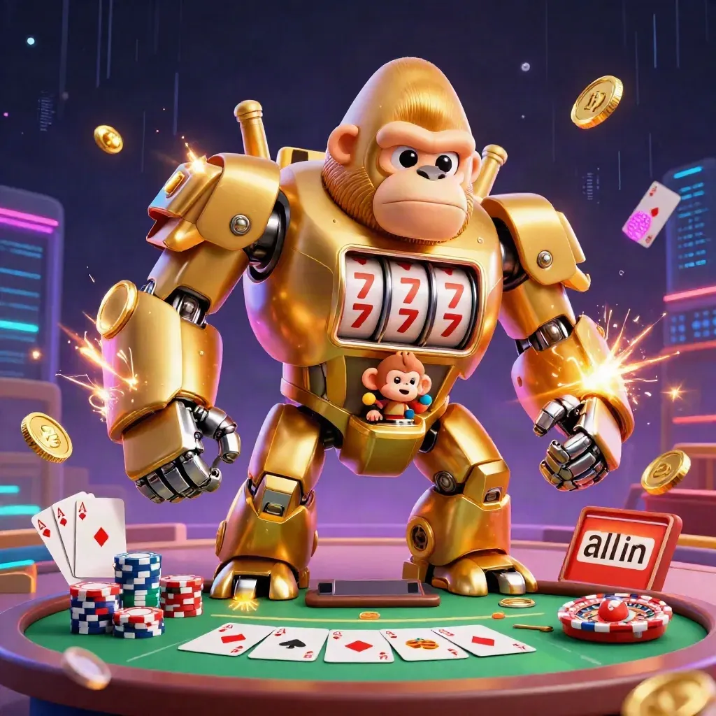 Golden gorilla slot mech with monkey pilot, poker chips, aces, neon sparks, and casino gold glow