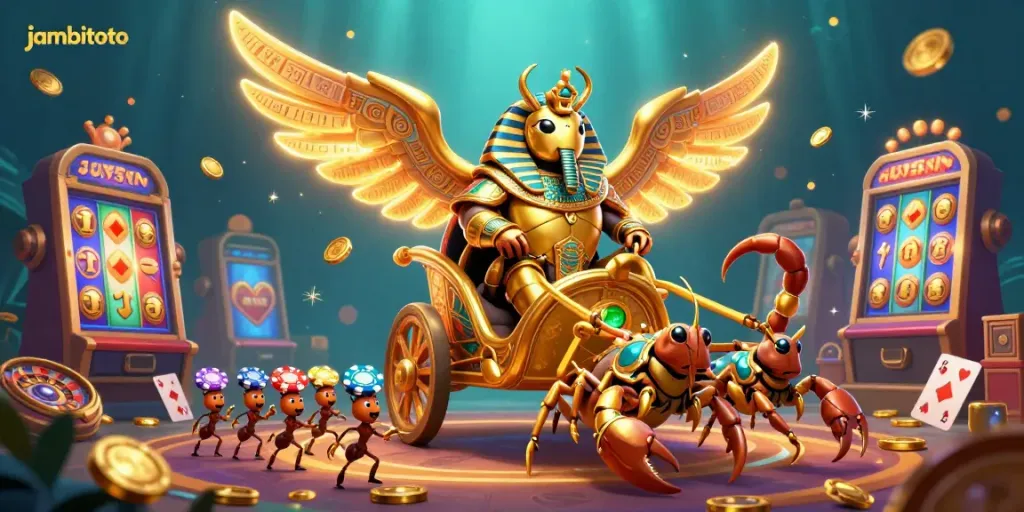 Experience the thrill of gambling with jambitoto's epic illustration of a pharaoh-armored scarab beetle in a dynamic casino scene.