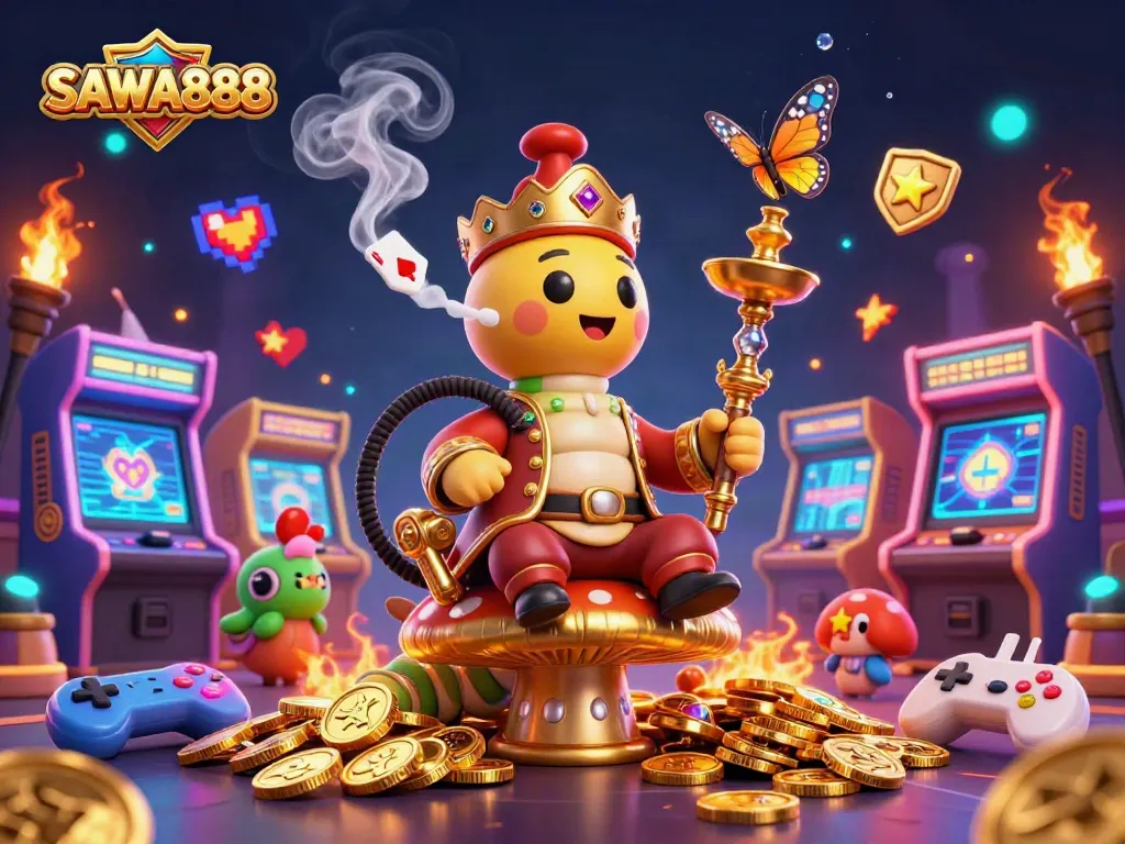 Experience the excitement of SAWA888 gaming with dynamic illustrations capturing vibrant casino elements and playful characters.