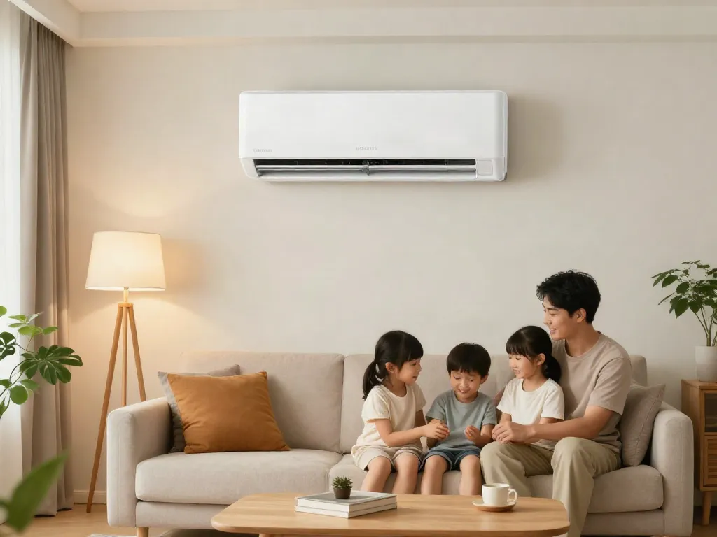 Modern living room with a 12000 BTU mini split air conditioner, family relaxing in a cozy environment.