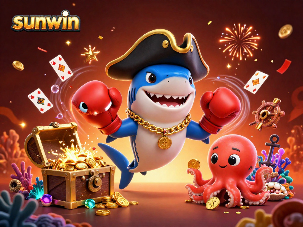 Engage with sunwin's vibrant underwater world featuring characters celebrating wins with treasure and casino elements.