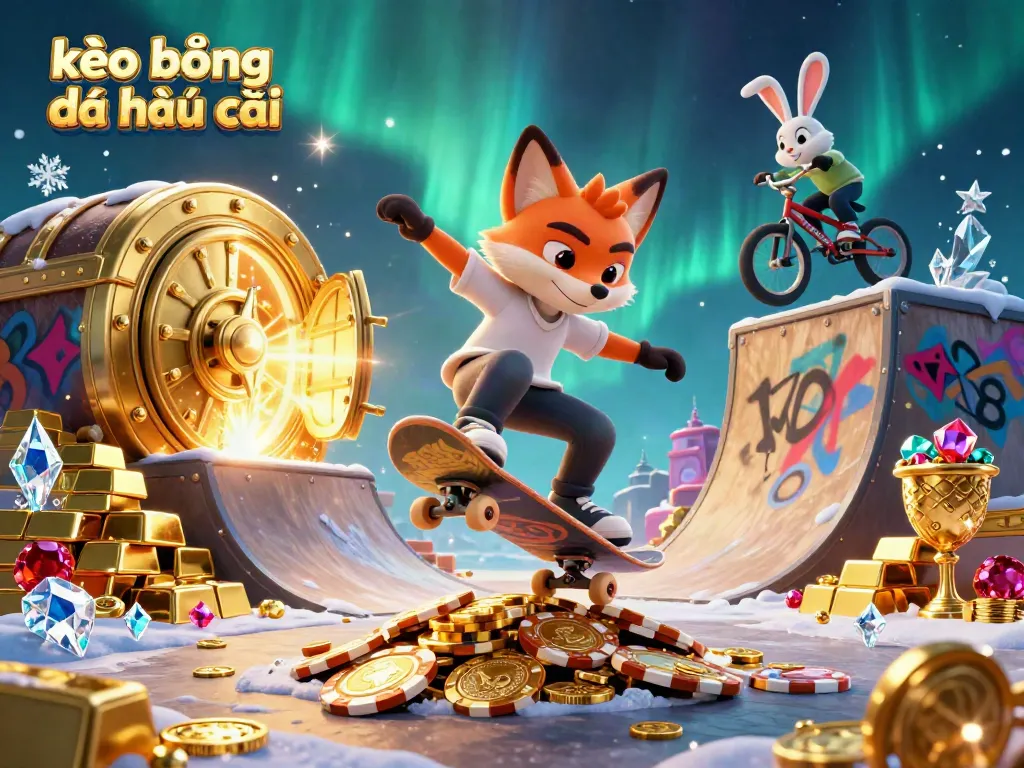 Catch the excitement of kèo bóng đá nhà cái with a playful fox and rabbit in a carnival-themed scene!