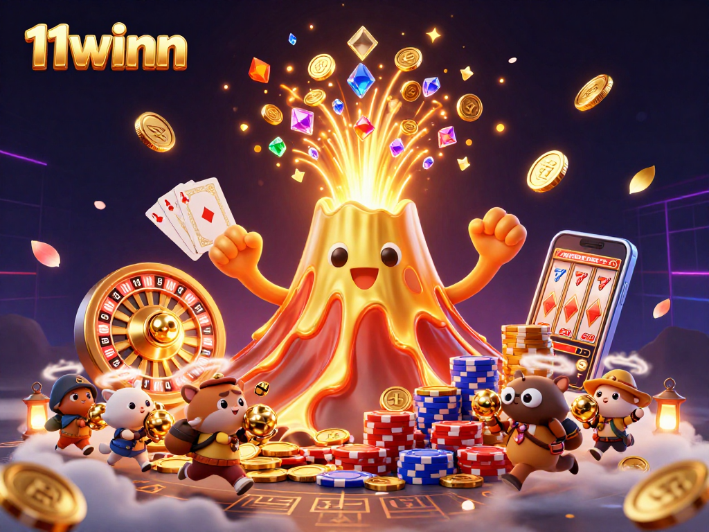 Engage with the thrilling world of 11winn as treasures erupt from a golden volcano, showcasing an exciting casino scene.