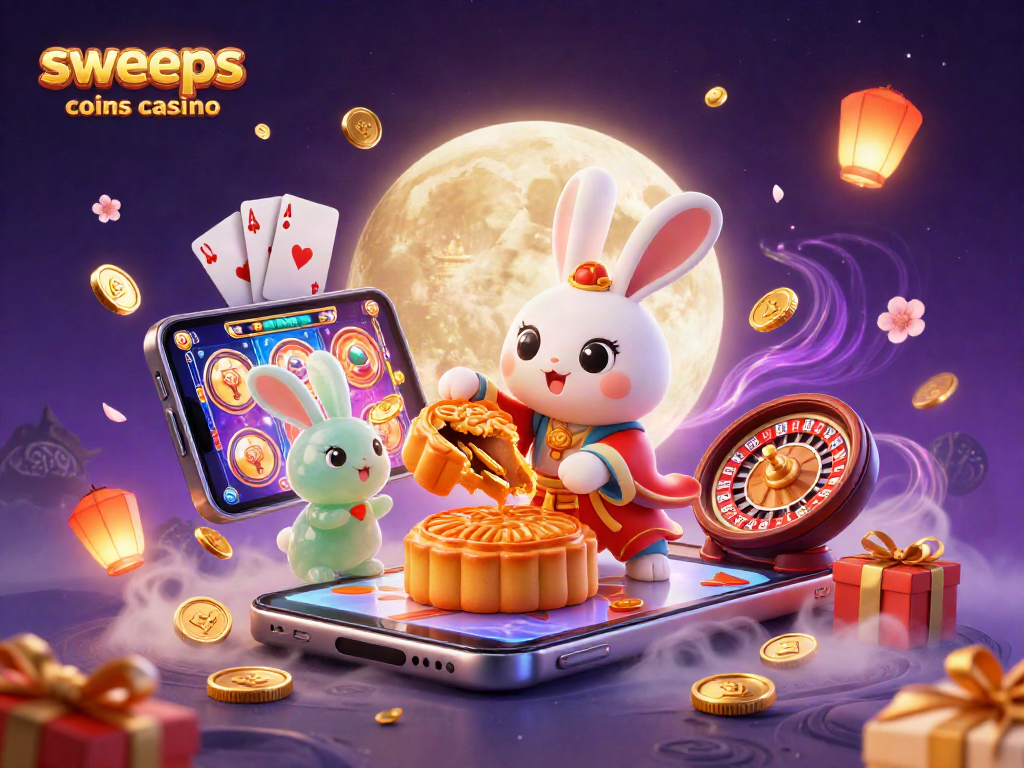 Experience the excitement of sweeps coins casino with a whimsical moon rabbit scene featuring poker chips and vibrant game elements.