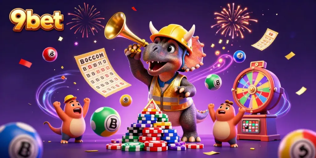 Experience the excitement of 9bet with colorful lottery balls and dynamic casino elements in a vibrant scene.