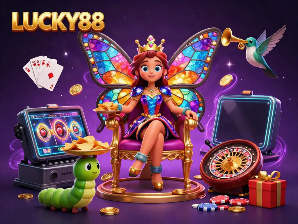 Engage in thrilling gaming with LUCKY88 at this colorful casino illustration featuring vibrant characters and dynamic game elements.