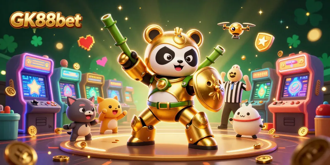 Engage with GK88bet's vibrant gaming experience featuring an exciting scene of arcade and casino elements.