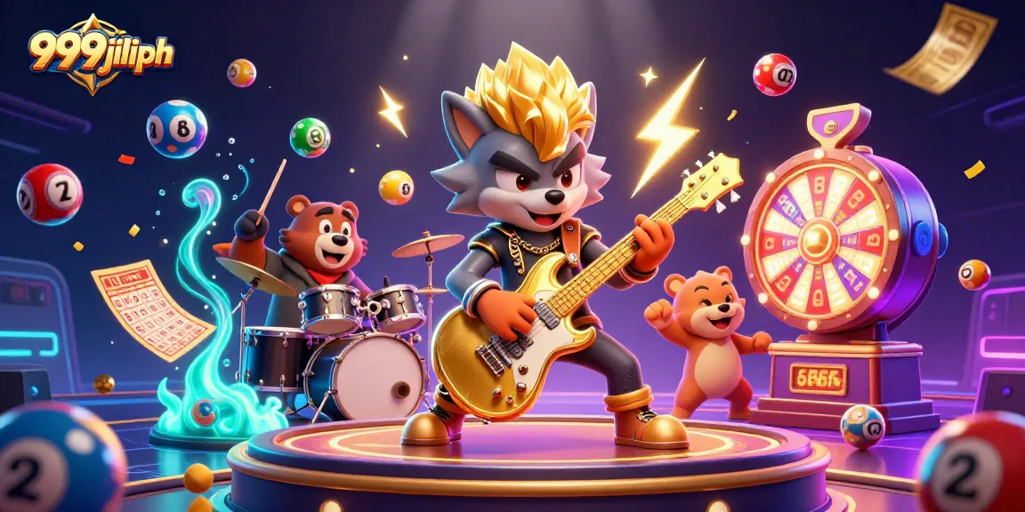 Experience thrilling games at 999jiliph with a vibrant casino atmosphere featuring a rock star wolf.