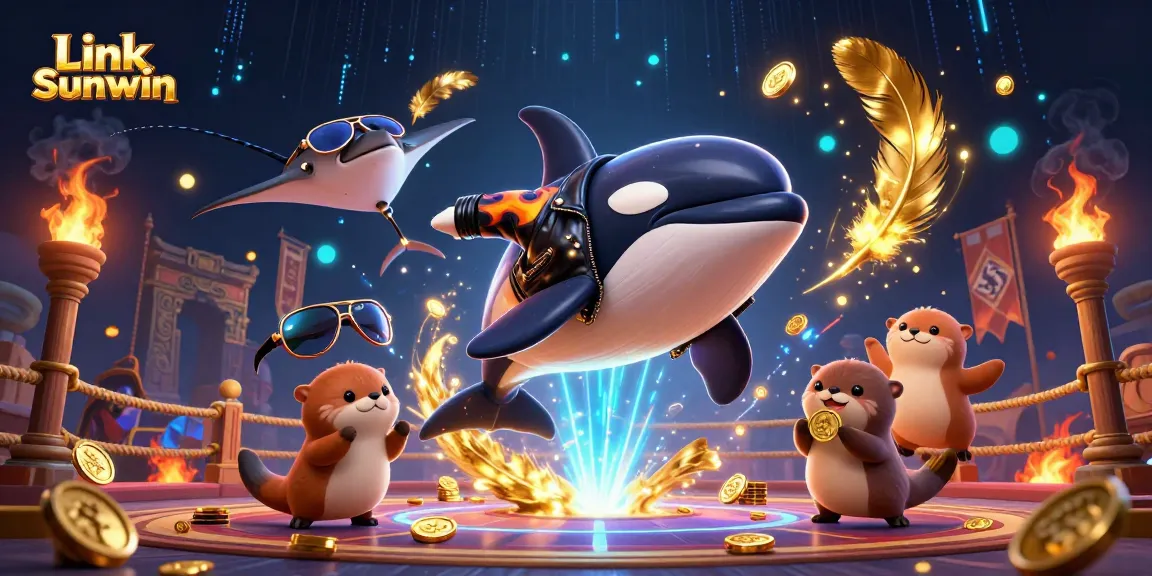 Engage in thrilling betting with Link Sunwin as an orca whale, stingray, and otters celebrate with gold coins.