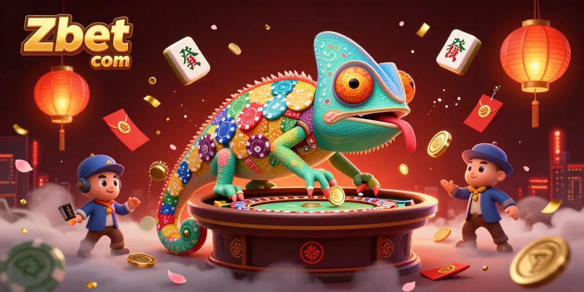 Engage with Zbet com's lively 3D casino scene, featuring a chameleon owner amidst festive elements.