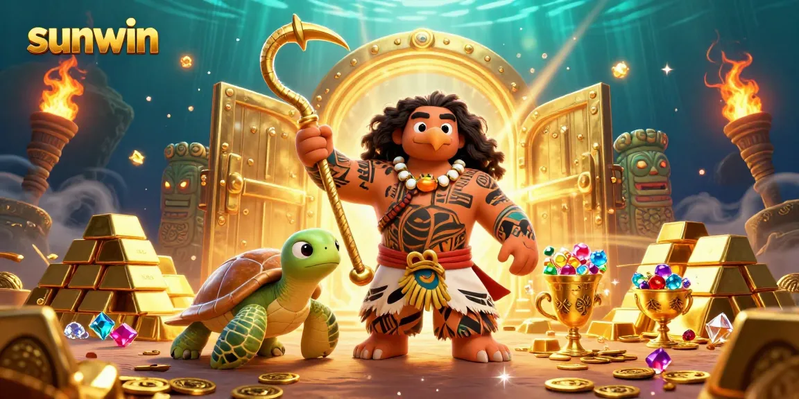 Experience sunwin's dynamic gambling adventure with vibrant characters and treasures in this 3D illustration.