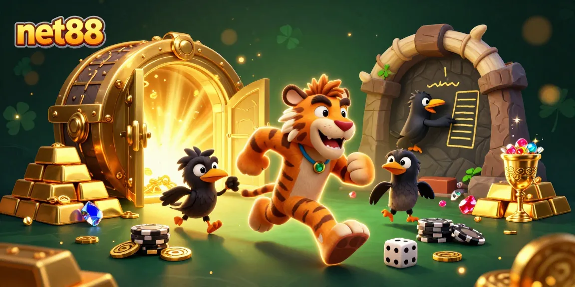 Engage with net88’s thrilling gaming scene featuring a prehistoric casino with colorful gems.
