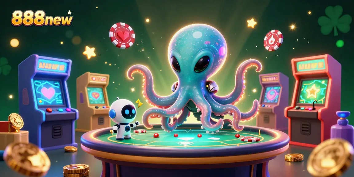 Experience thrilling casino action with 888new as an alien octopus plays holographic poker in a vibrant, detailed 3D scene.