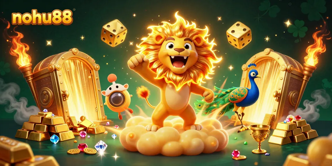 Engage with nohu88's thrilling slots and jackpots featuring a charming cartoon lion and shining treasures.