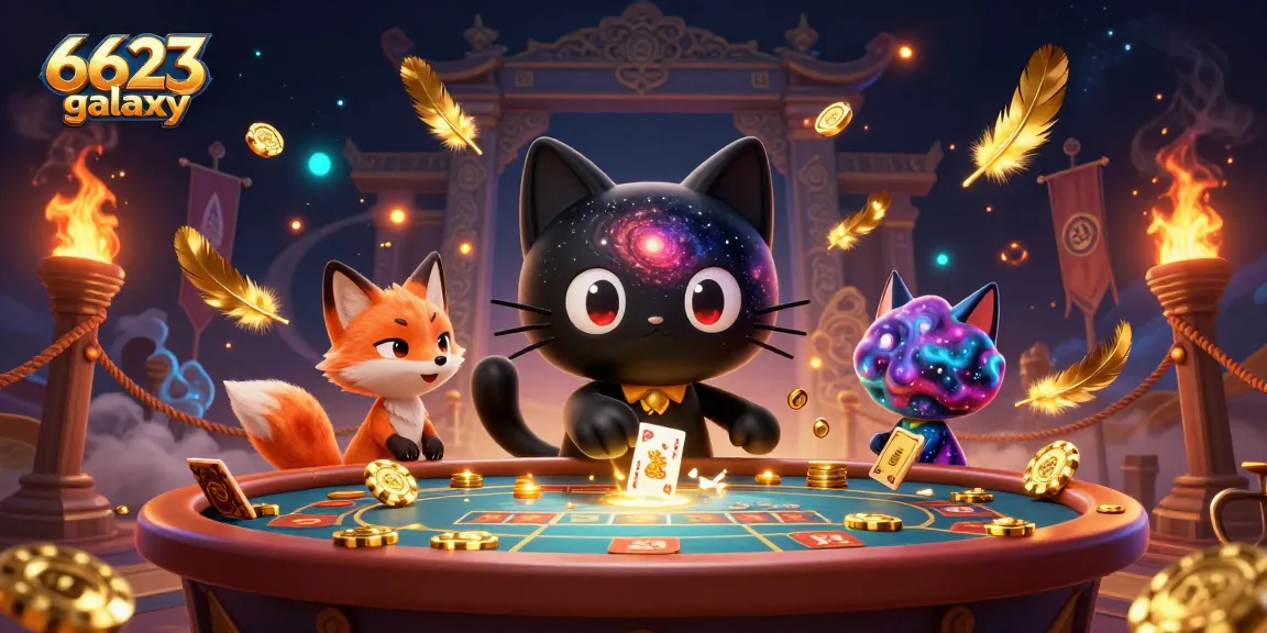 Experience the excitement of 6623 galaxy with a cosmic cat at a casino table, attracting golden winnings.