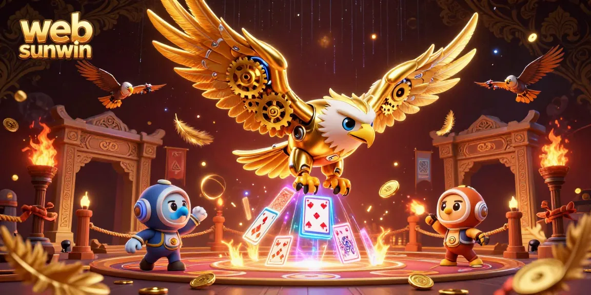 Experience thrilling gameplay in web sunwin with a vibrant 3D illustration of an eagle and holographic cards.