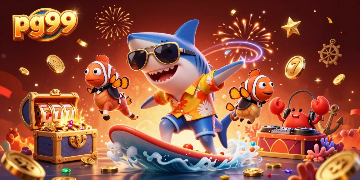 Surf and win at pg99 with vibrant characters and exciting casino elements in this detailed illustration.