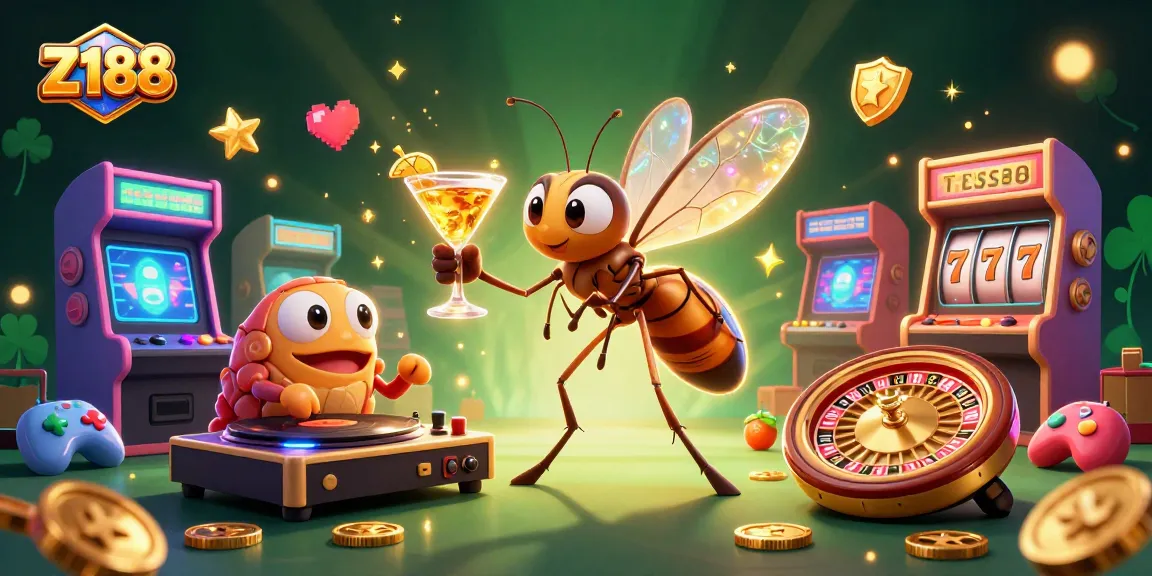 Z188 casino illustration featuring a mascot mosquito and a trilobite DJ with vibrant game elements.