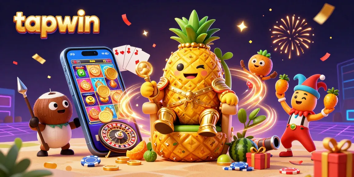 Engage with tapwin's vibrant 3D casino scene featuring a pineapple king, slot games, and festive decor.