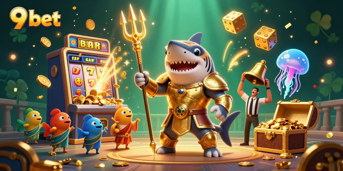 Bet at 9 bet with a vibrant scene of an action-packed underwater colosseum featuring a tiger shark and slot machine.