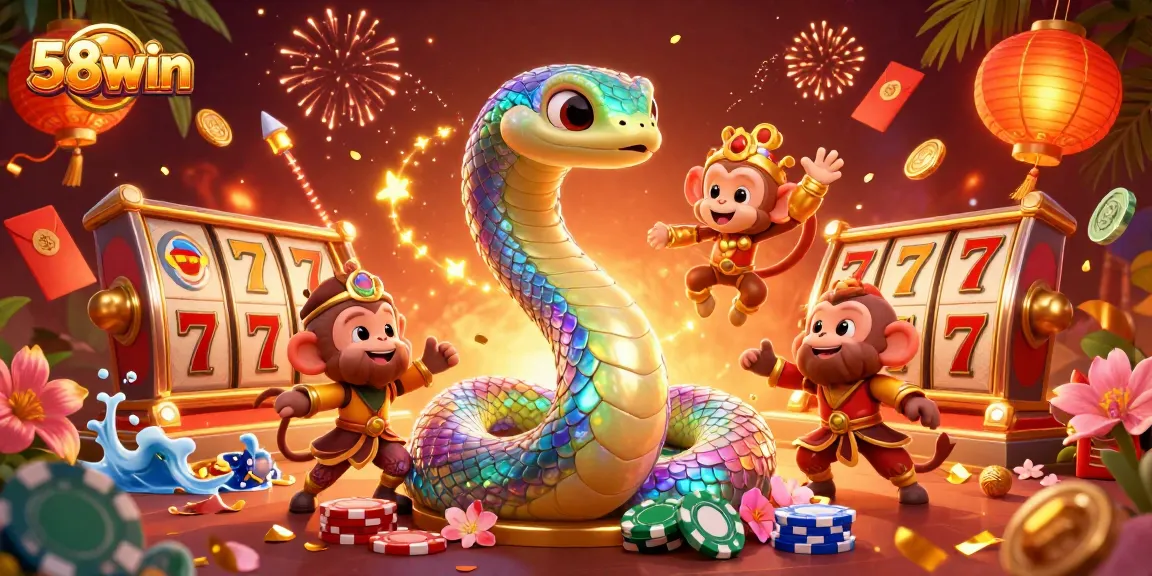 Engage with 58win's vibrant online casino world featuring a playful monkey king and lavish gaming elements.