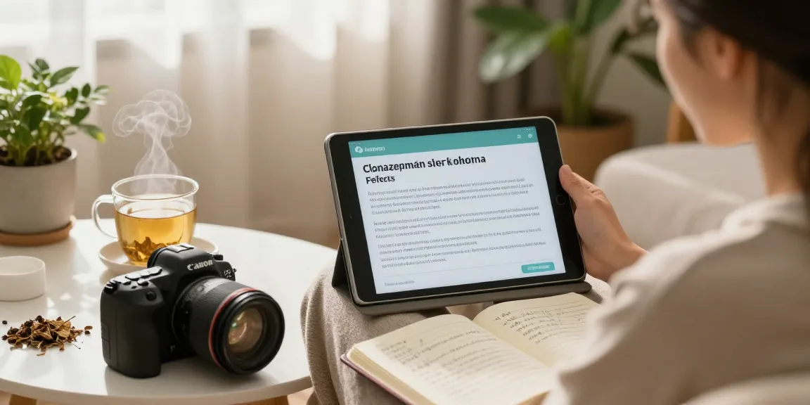 Understanding clonazepam side effects in a calming home environment with individual reviewing information on a tablet.