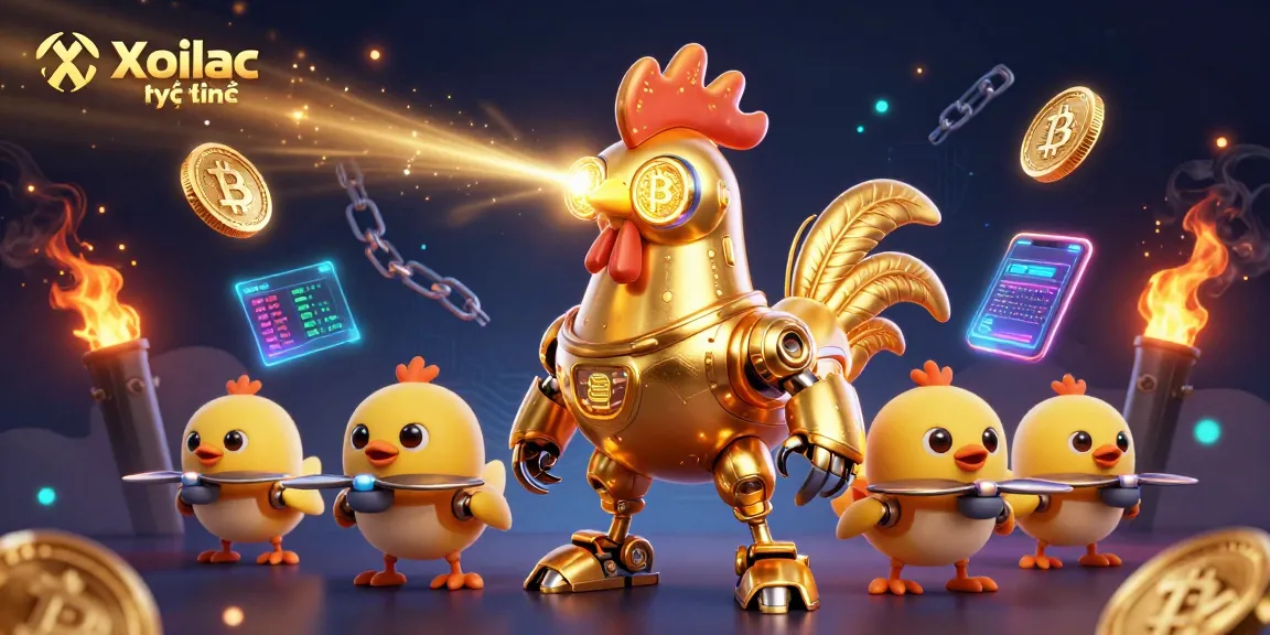 Xoilac trực tuyến offers thrilling online betting, featuring a dynamic 3D scene of a golden rooster robot and chick drones.