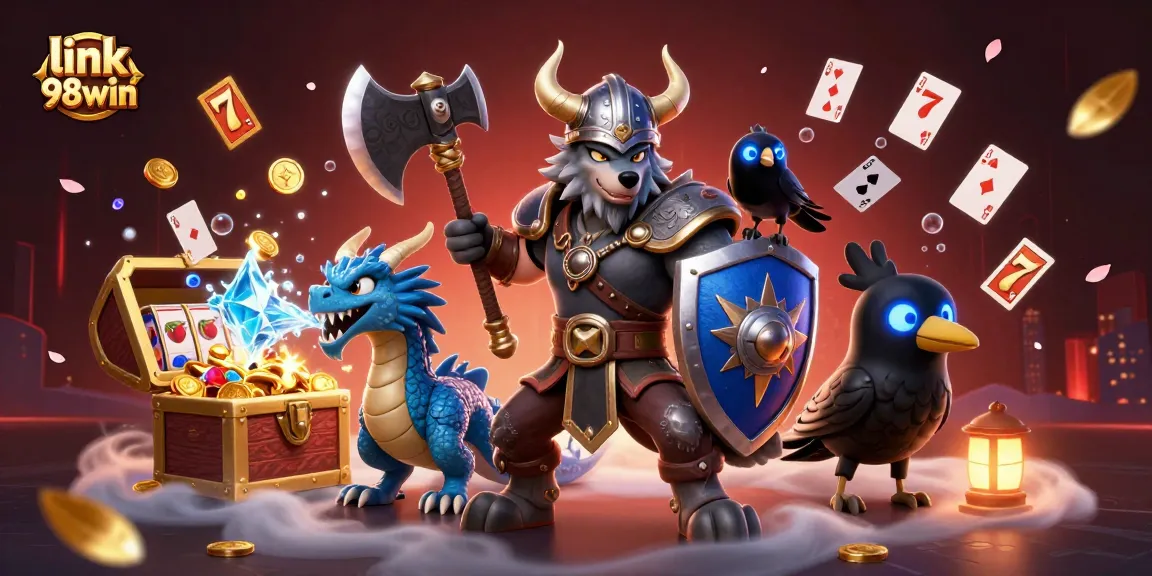 Experience exciting gameplay with link 98win amid treasure chests, vibrant cards, and gaming elements!