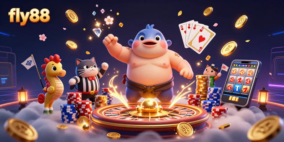 Experience the excitement of fly88 with animated characters in a vibrant 3D casino scene.