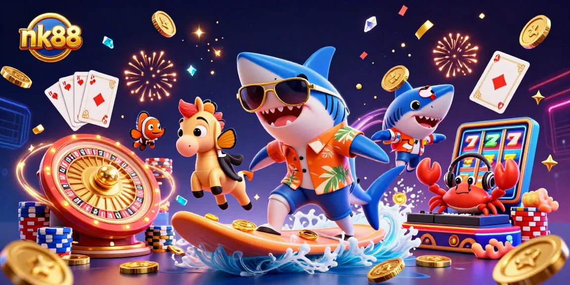 Experience the thrill of nk88 with a vibrant scene of a surfing shark and a casino celebration!