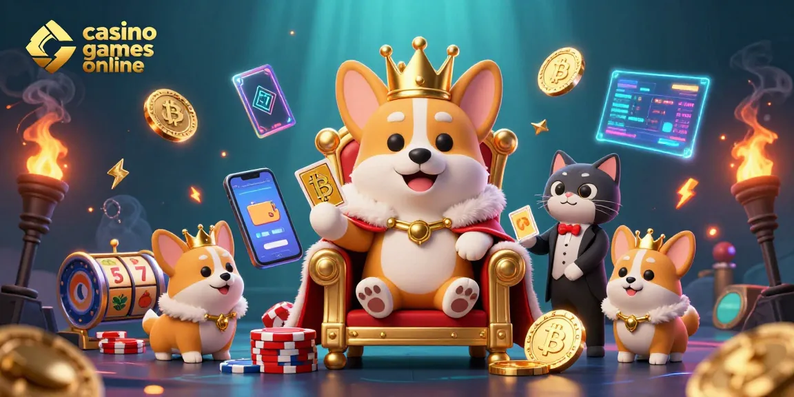 Engage with casino games online featuring a royal corgi, crypto elements, and lively slot visuals.