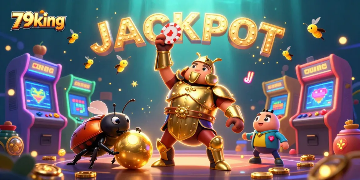 Join the excitement of 79king as the beetle duo celebrates victory amidst colorful casino elements.