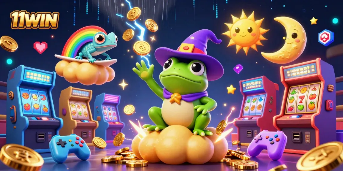 11WIN presents a vibrant scene with a wizard frog and chameleon in a golden coin storm, enhancing casino fun.