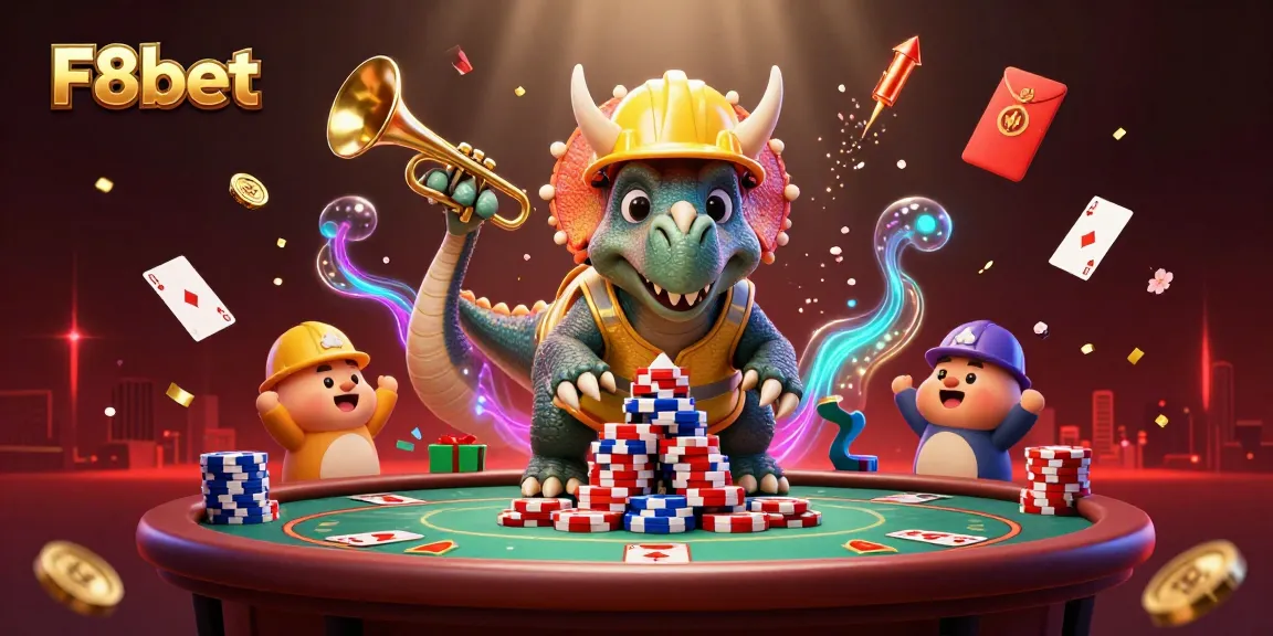 Join the festive fun at F8bet with a 3D triceratops and gaming elements celebrating a poker victory!