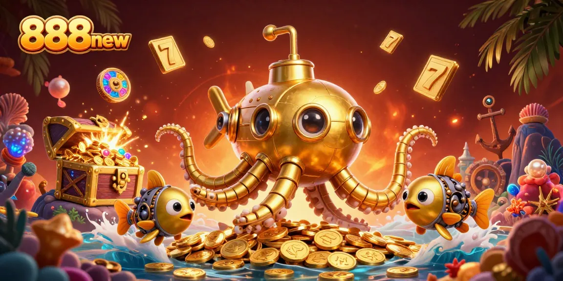 Experience the excitement of 888new with a stunning submarine kraken illustration amidst gold coins and casino elements.