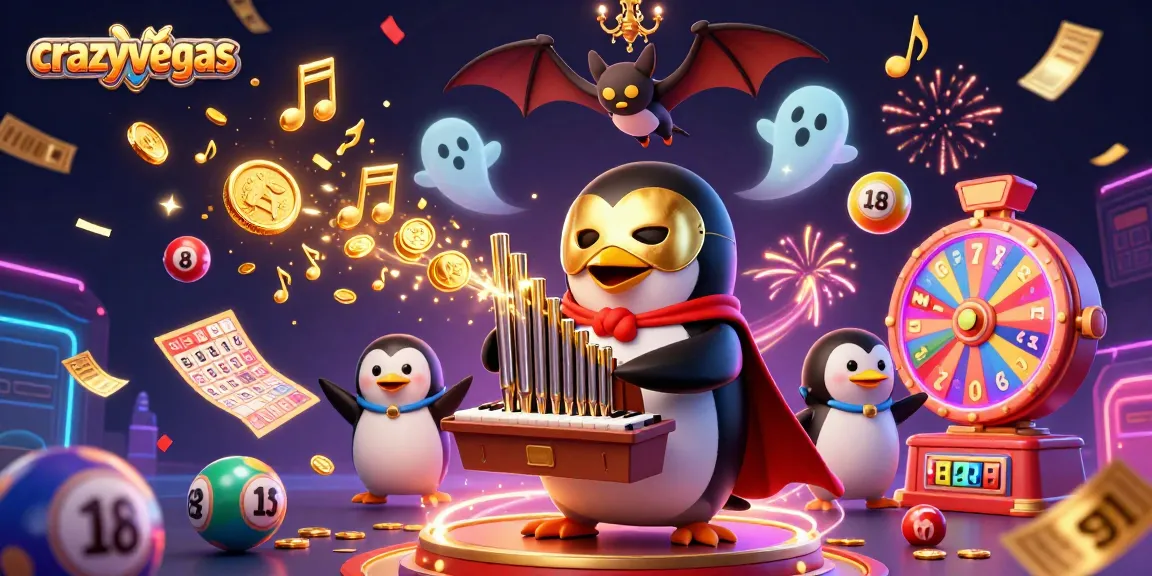 crazyvegas showcases a festive scene with an opera penguin and a bat acrobat celebrating winnings.