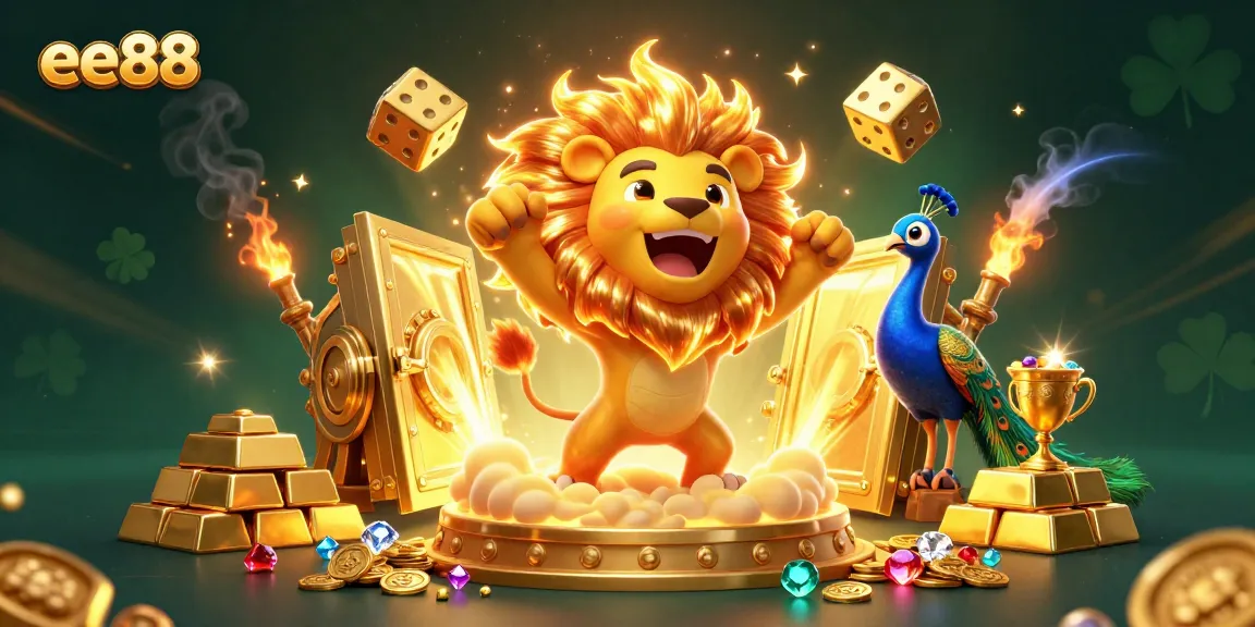 ee88 celebrates casino excitement with a roaring sun lion and golden treasures in a vibrant 3D illustration.