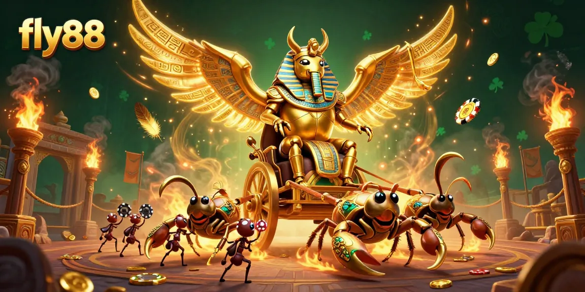 Fly88 thrills with a dynamic chariot scene featuring a colossal scarab beetle in gaming glory.