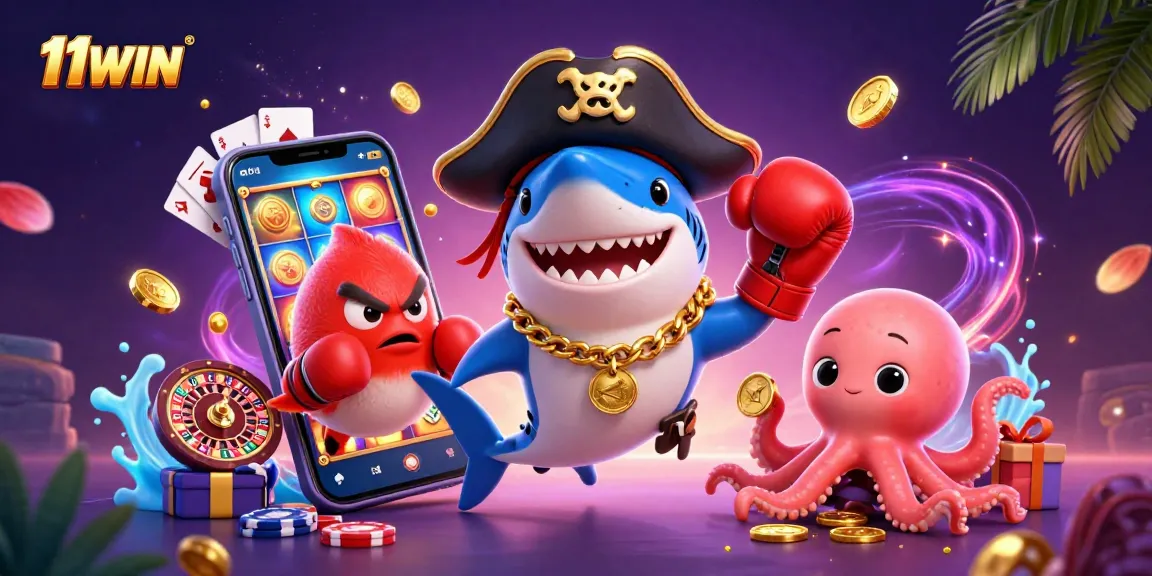 Experience 11WIN casino thrills with a vibrant 3D illustration featuring animated casino characters.