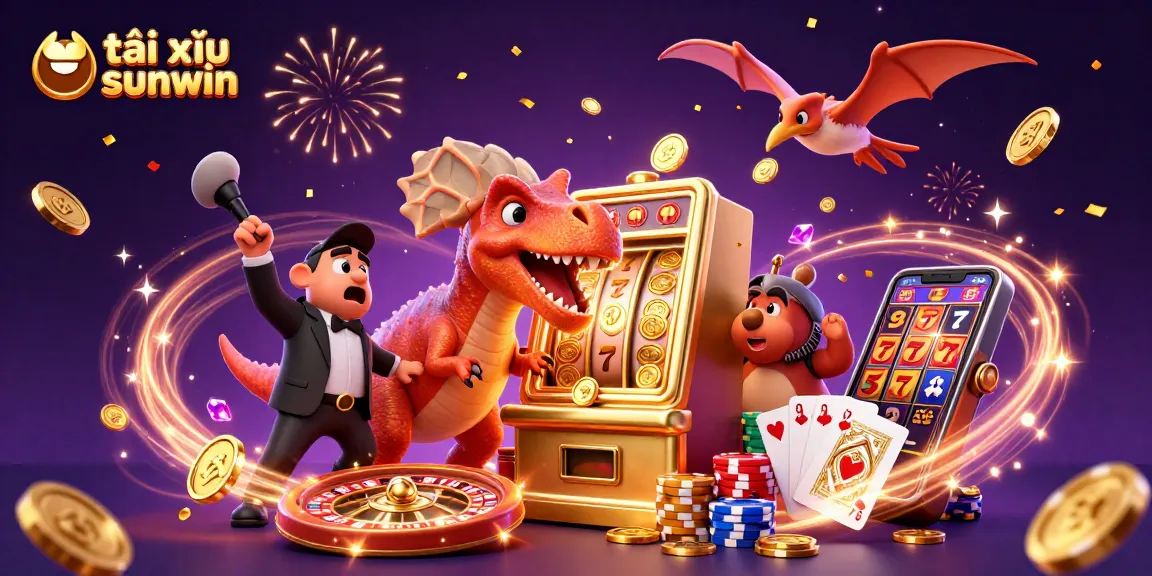 Engaging illustration of tài xỉu sunwin with a pachycephalosaurus and golden slot machine amid flying coins and festive energy.