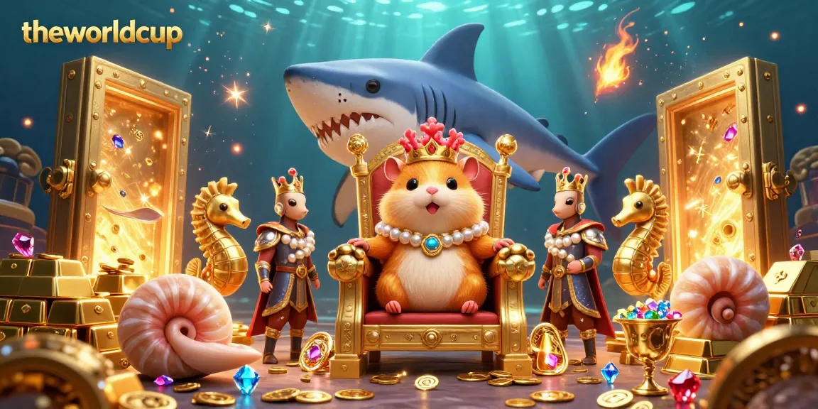 Theworldcup shines with a colorful 3D digital illustration showcasing a golden hamster king surrounded by treasures and royal seahorse guards.