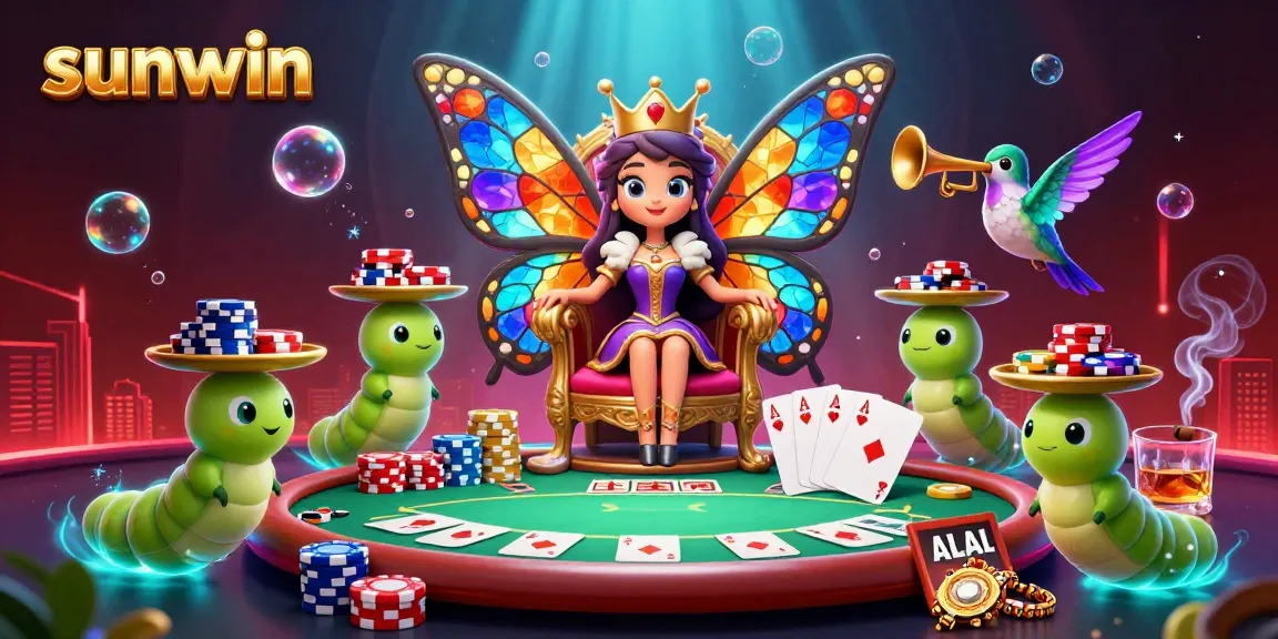 Experience the excitement of poker at sunwin featuring a colorful butterfly queen with poker elements.