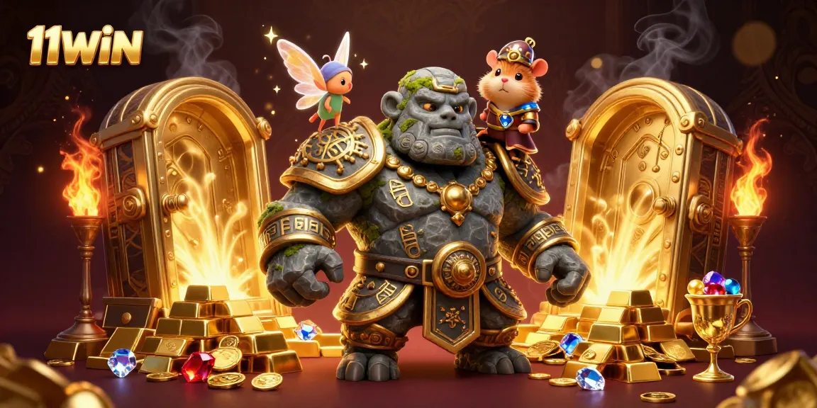 Experience the thrill of 11WIN with this enchanting casino-themed adventure featuring a golem and magical treasures.