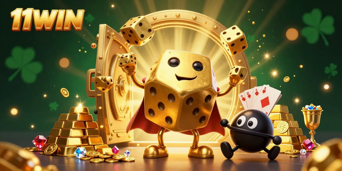 Play at 11WIN with a golden dice golem, roulette ball, and treasure vault scene.