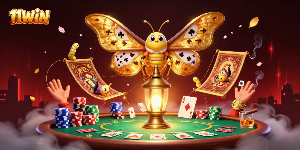 Unveil your luck with 11WIN's dazzling arrangement of casino elements, including poker scenes and vibrant characters.