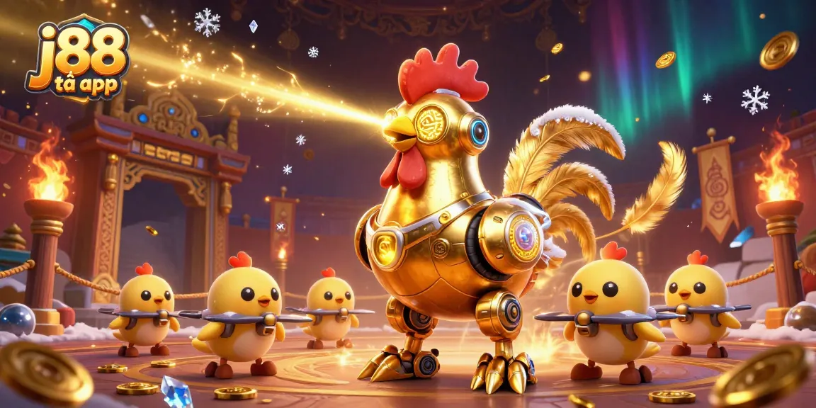 Engage in thrilling gaming with j88 tải app featuring a golden rooster robot and baby chick drones.