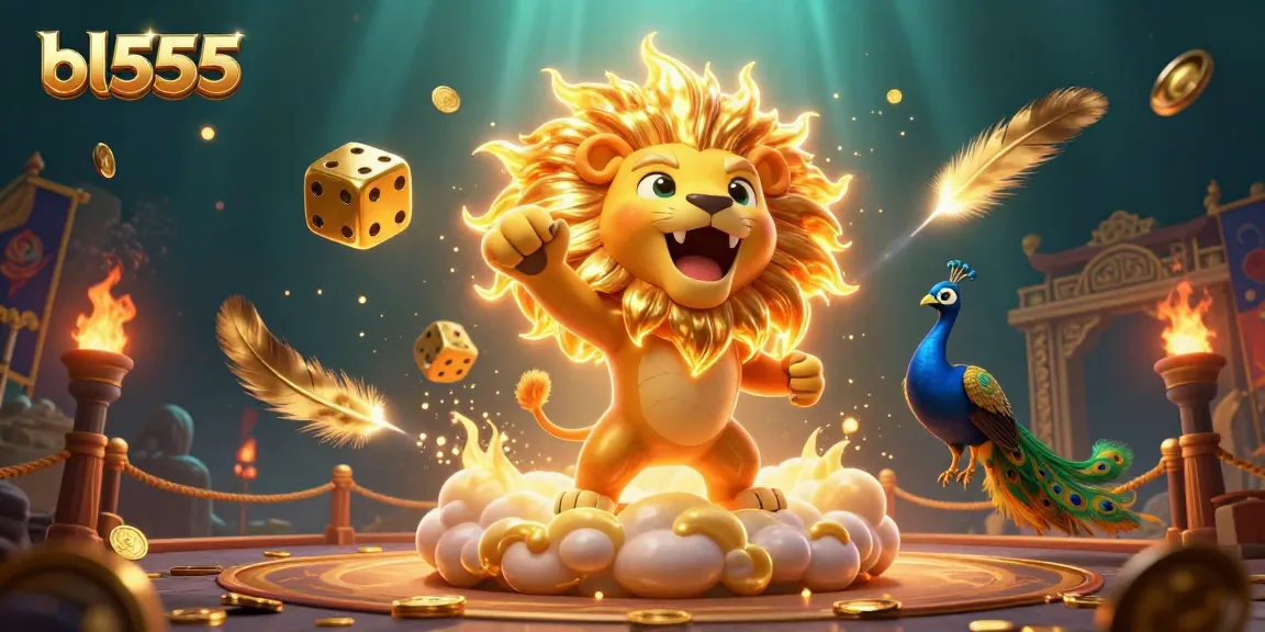 Experience the thrill of winning at bl555 with a vibrant 3D illustration featuring a sun lion and golden dice.