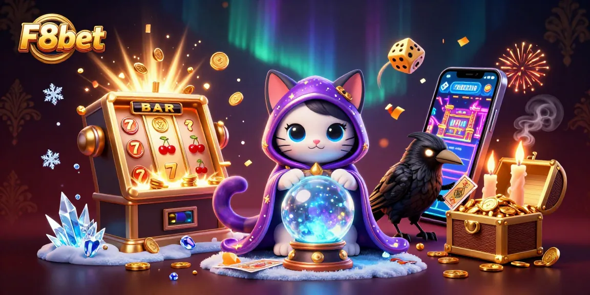 Experience F8bet's vibrant casino magic with a mystic cat, glowing raven, and jackpot fun!