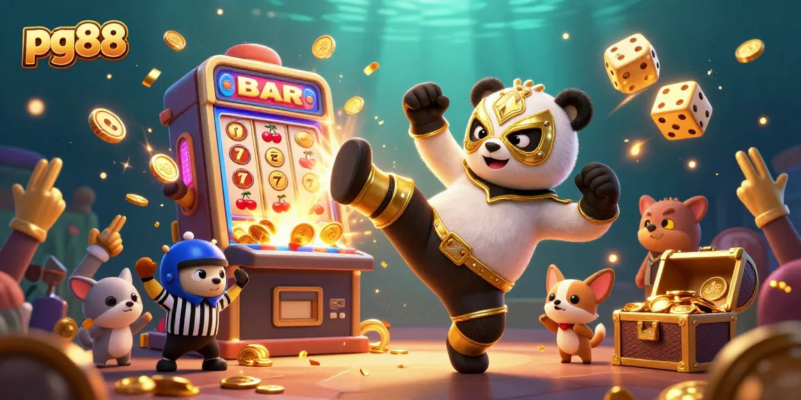 Experience the excitement of pg88 with a dynamic scene featuring cartoon characters and casino elements.